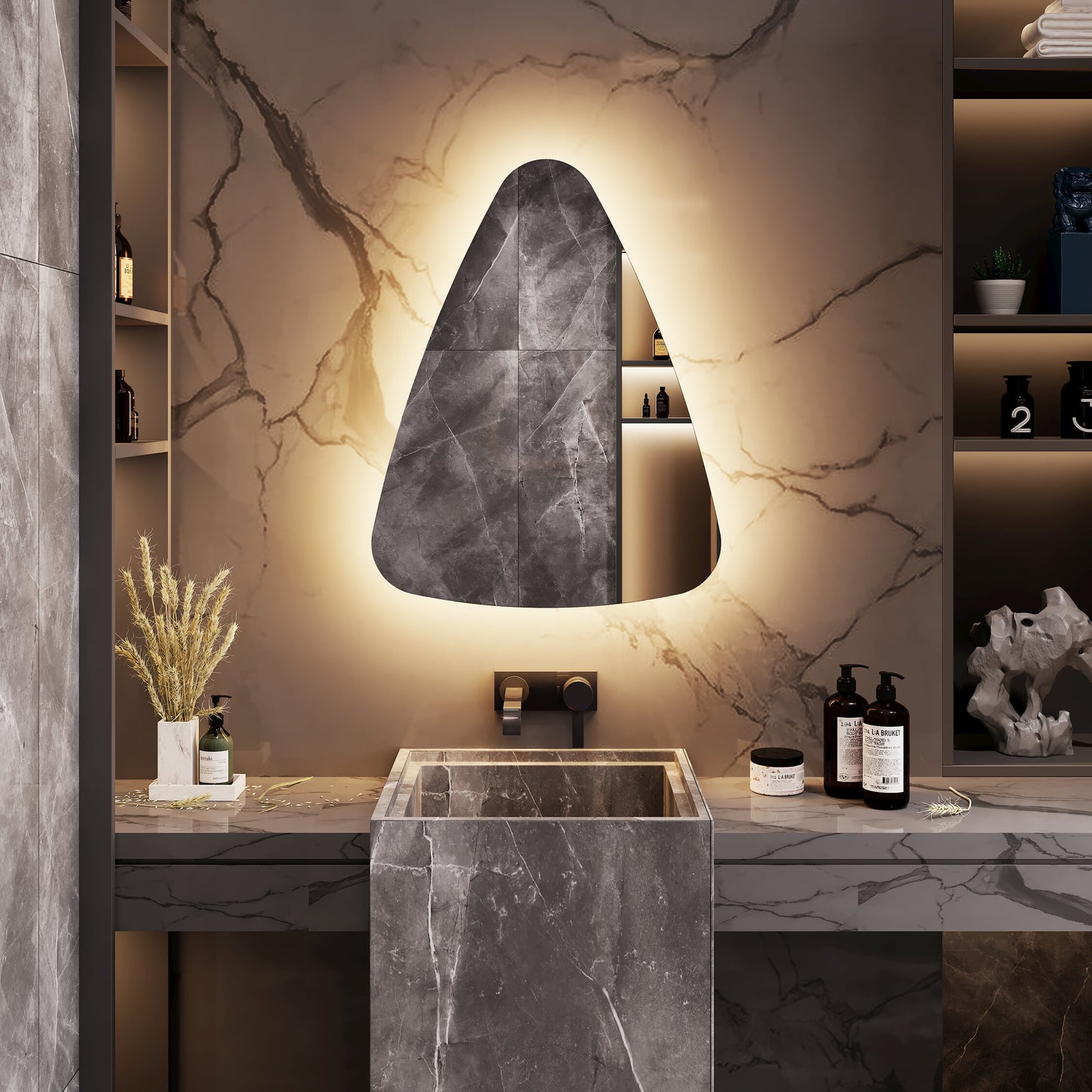 LED Bathroom Mirror Modern Backlit Design – Asymmetrical Organic Wall Mirror with Warm & Cool Light
