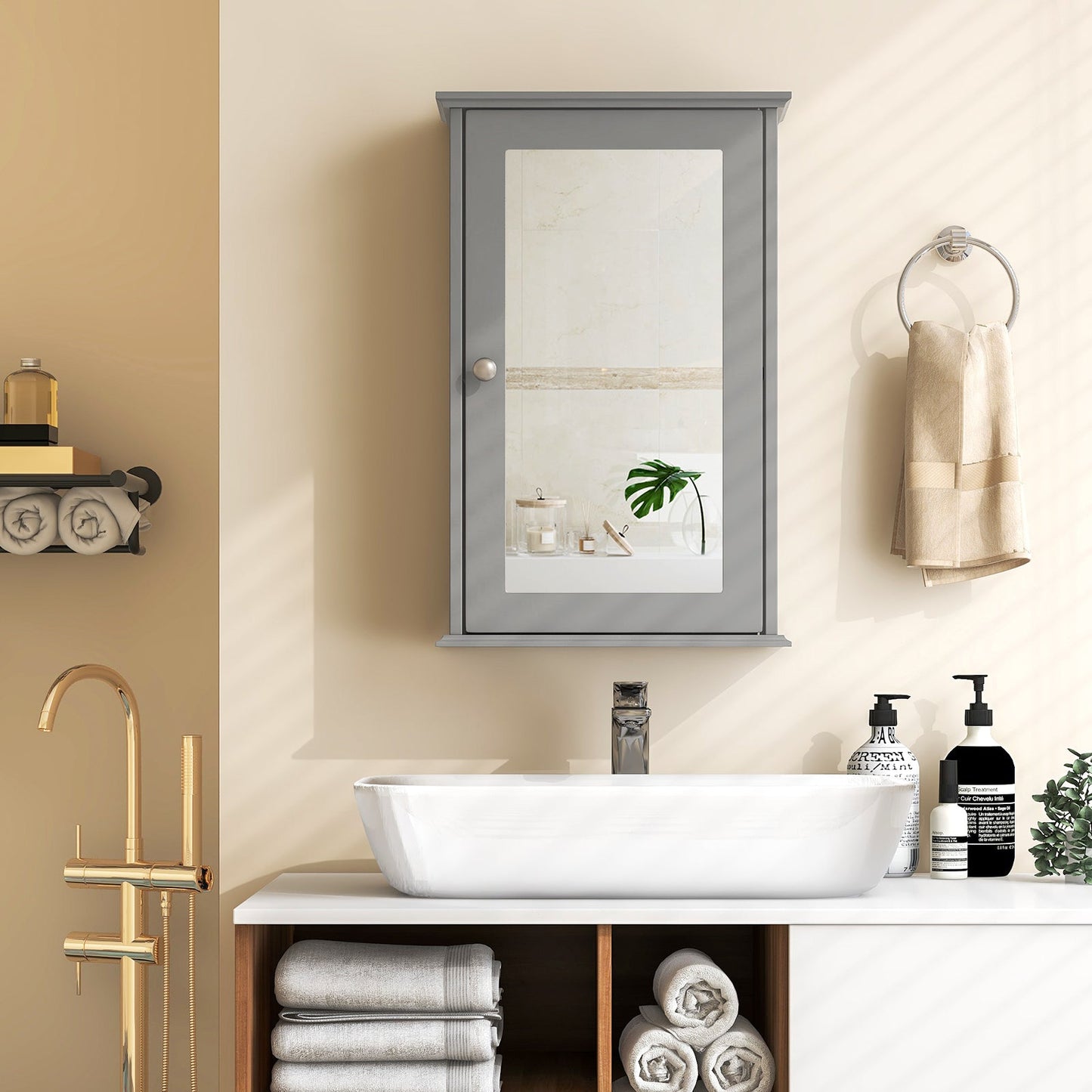 Bathroom Wall Cabinet with Mirror Door - Gray Medicine Cabinet | Space-Saving Storage
