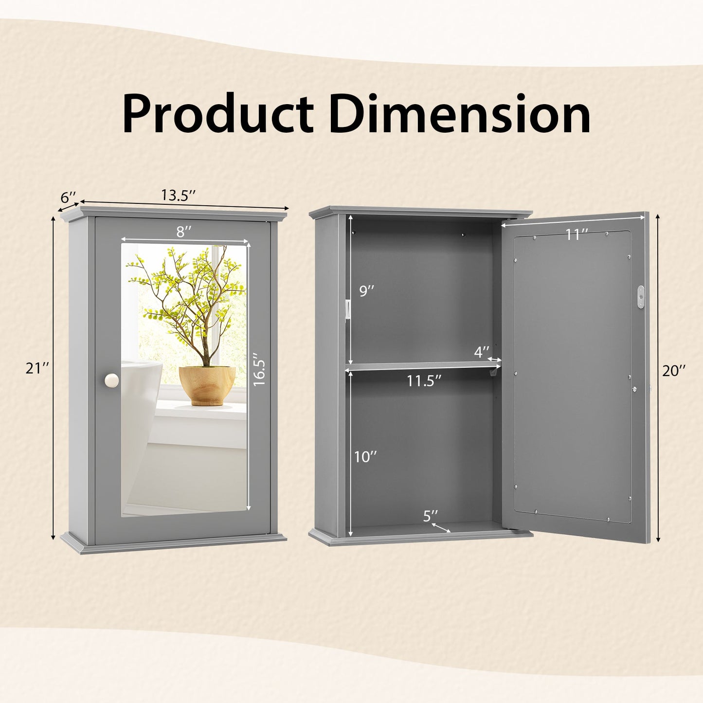 Bathroom Wall Cabinet with Mirror Door - Gray Medicine Cabinet | Space-Saving Storage