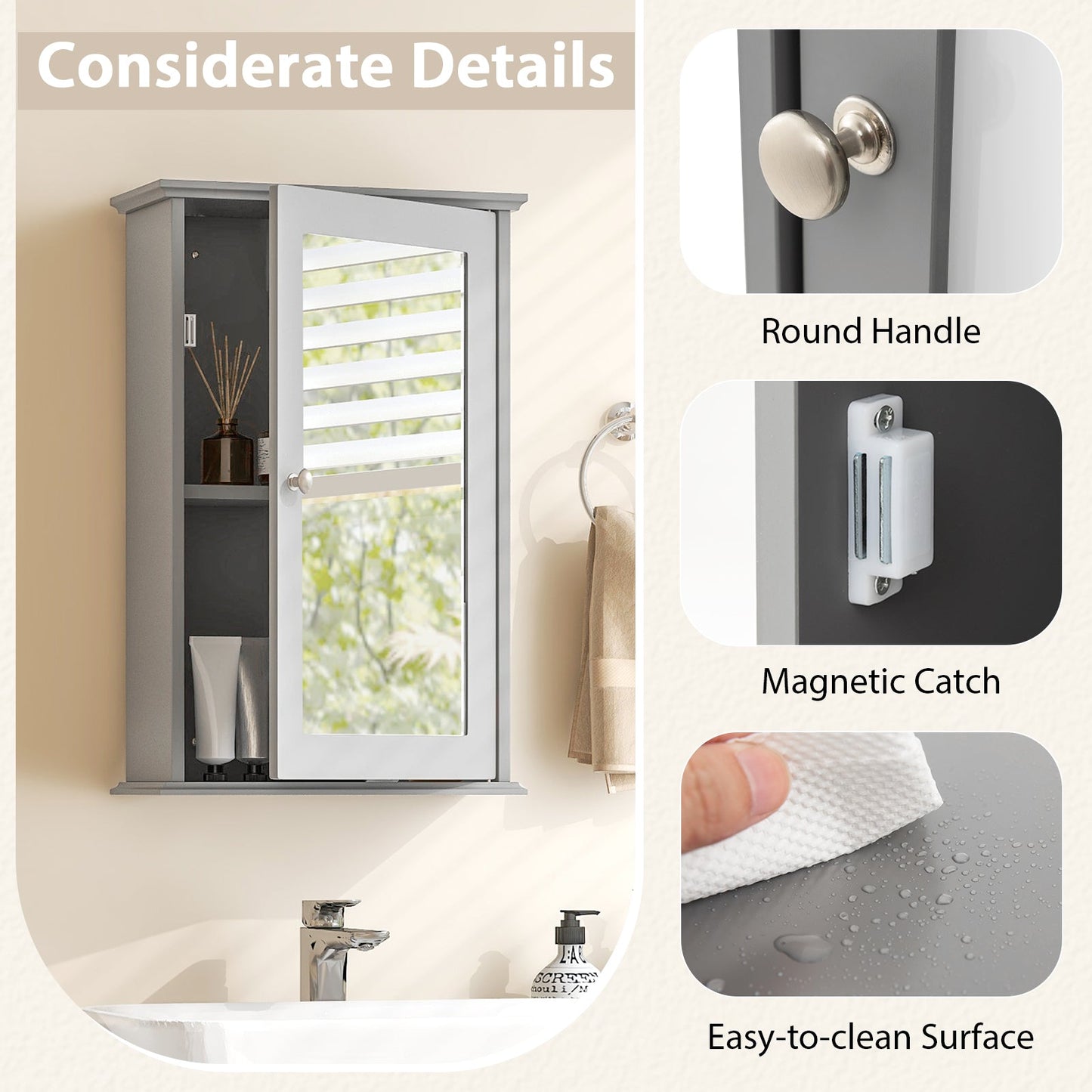 Bathroom Wall Cabinet with Mirror Door - Gray Medicine Cabinet | Space-Saving Storage