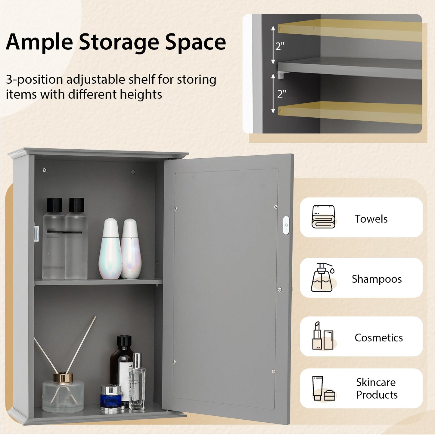 Bathroom Wall Cabinet with Mirror Door - Gray Medicine Cabinet | Space-Saving Storage