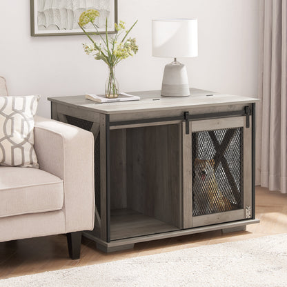 Wooden Dog Crate Furniture with Barn Door - Farmhouse Dog Cage End Table with Storage - Aypars Atelier