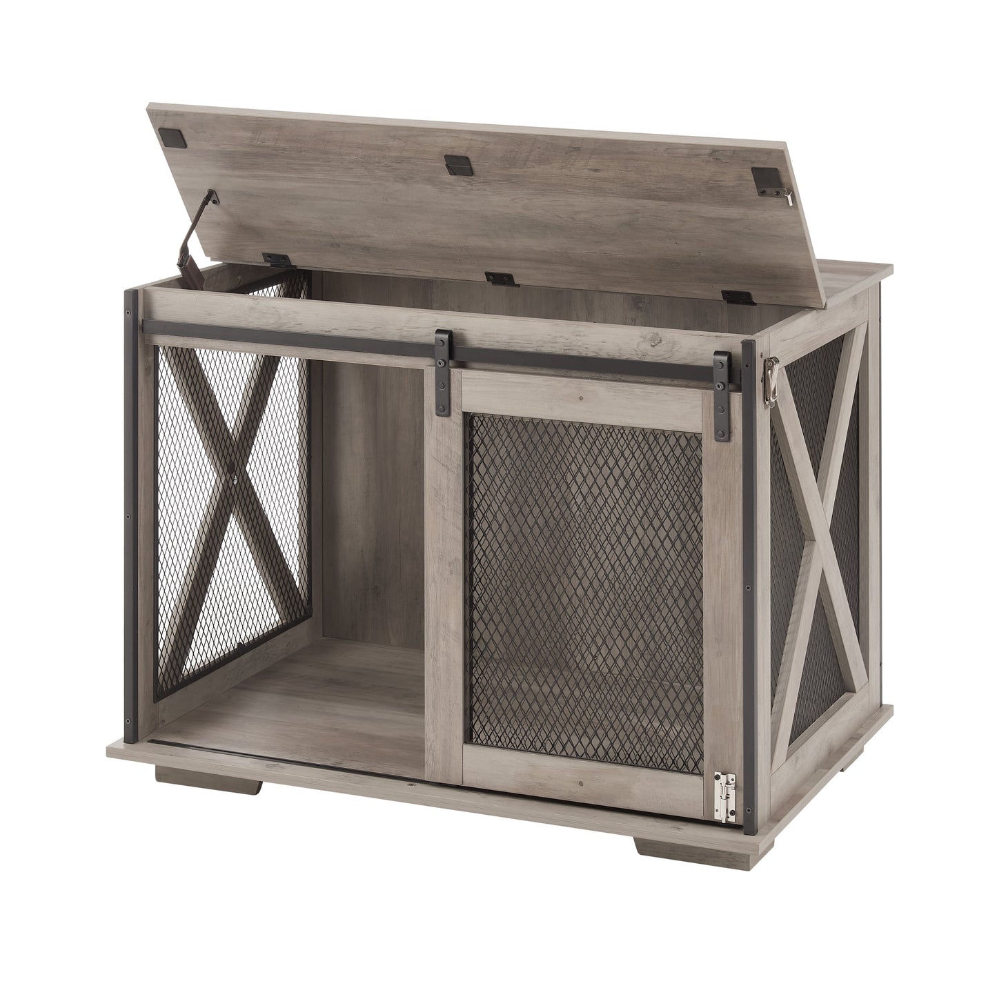 Wooden Dog Crate Furniture with Barn Door - Farmhouse Dog Cage End Table with Storage - Aypars Atelier