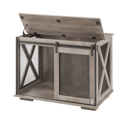 Wooden Dog Crate Furniture with Barn Door - Farmhouse Dog Cage End Table with Storage - Aypars Atelier