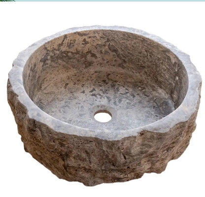 Rustic Stone Bathroom Sink – Silver Travertine Vessel Sink | Natural Hand-Carved Vanity Bowl