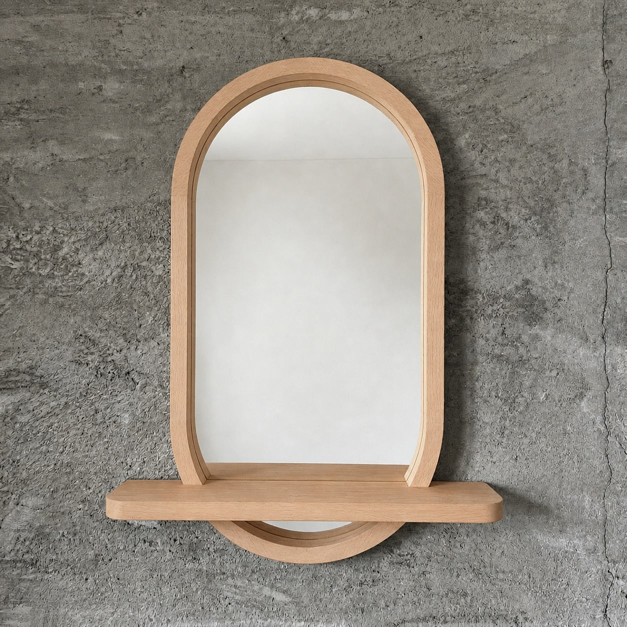 Capsule Wood Wall Mirror with Shelf, Modern Entryway and Vanity Mirror