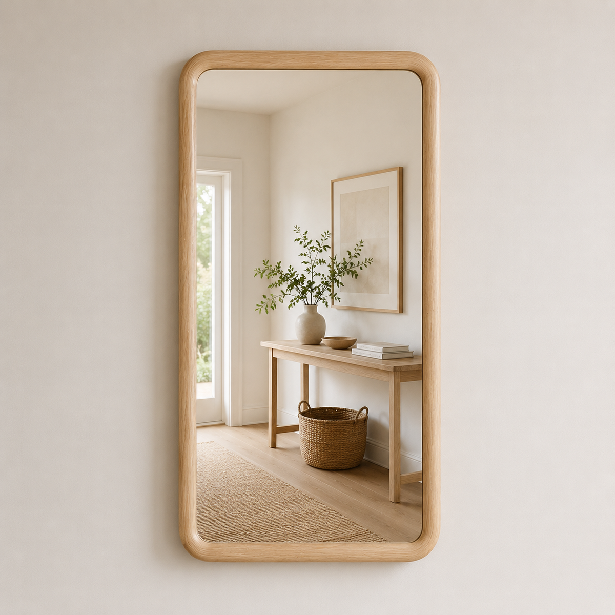 Rounded Rectangle Wall Mirror, Wood Framed Mirror, Solid Beech Wood Bathroom Vanity Mirror