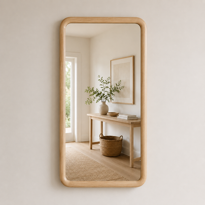 Rounded Rectangle Wall Mirror, Wood Framed Mirror, Solid Beech Wood Bathroom Vanity Mirror