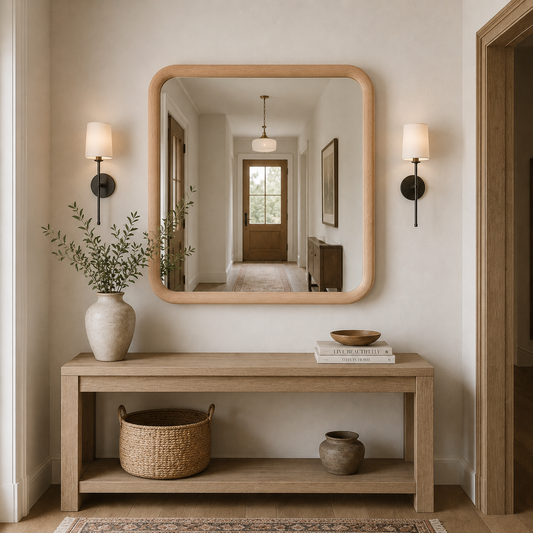 Square Wood Framed Mirror, Rounded Corner Wall Mirror, Solid Beech Bathroom Mirror, Entryway Vanity Mirror, Custom Size Mirror