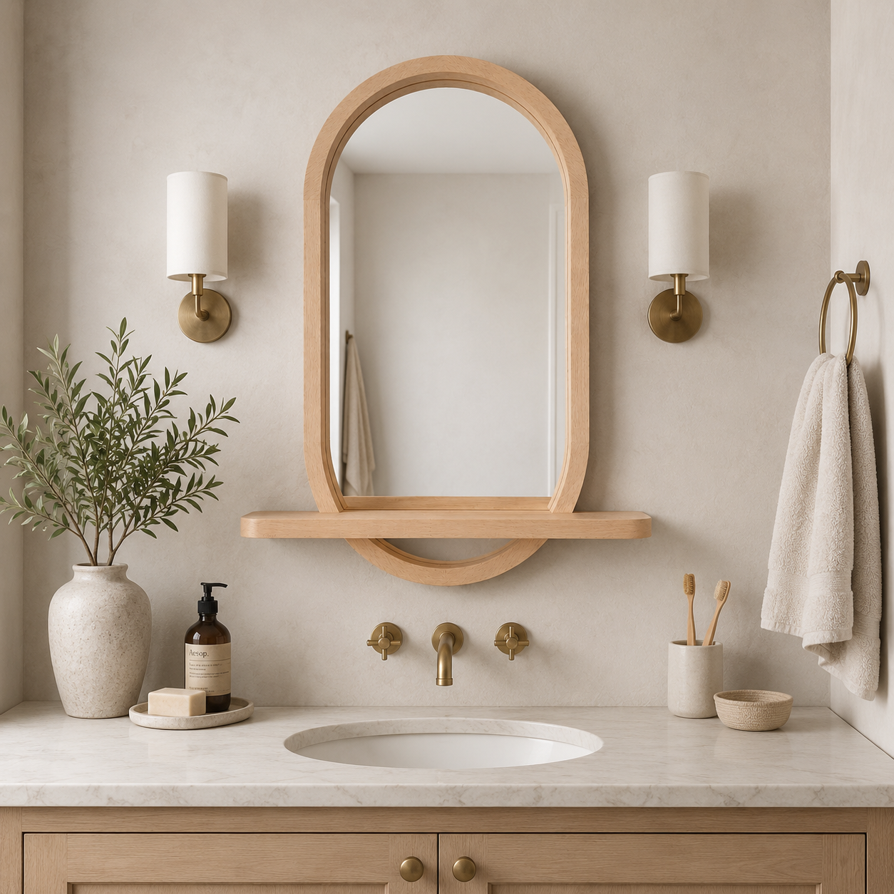 Capsule Wood Wall Mirror with Shelf, Modern Entryway and Vanity Mirror