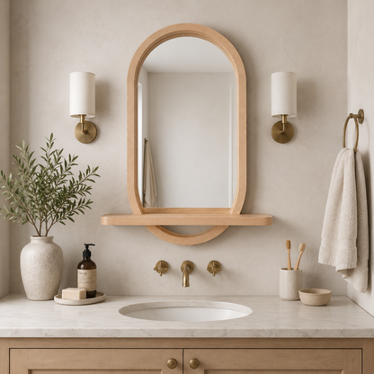 Capsule Wood Wall Mirror with Shelf, Modern Entryway and Vanity Mirror