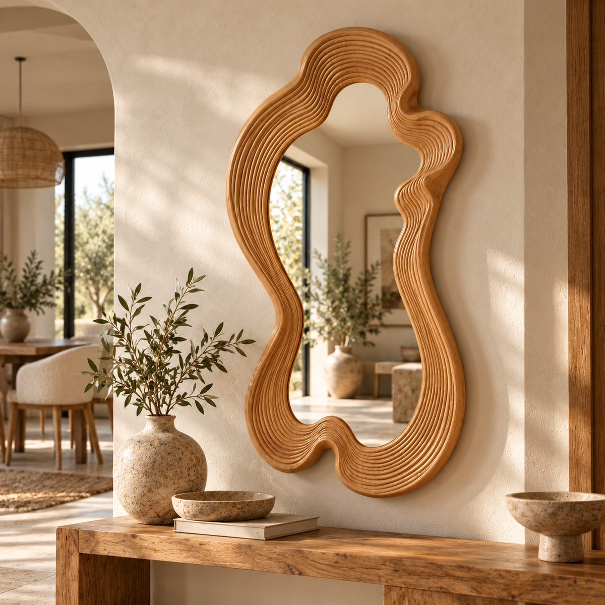 Linden Wood Wavy Mirror, Organic Full-Length Statement Wall Art