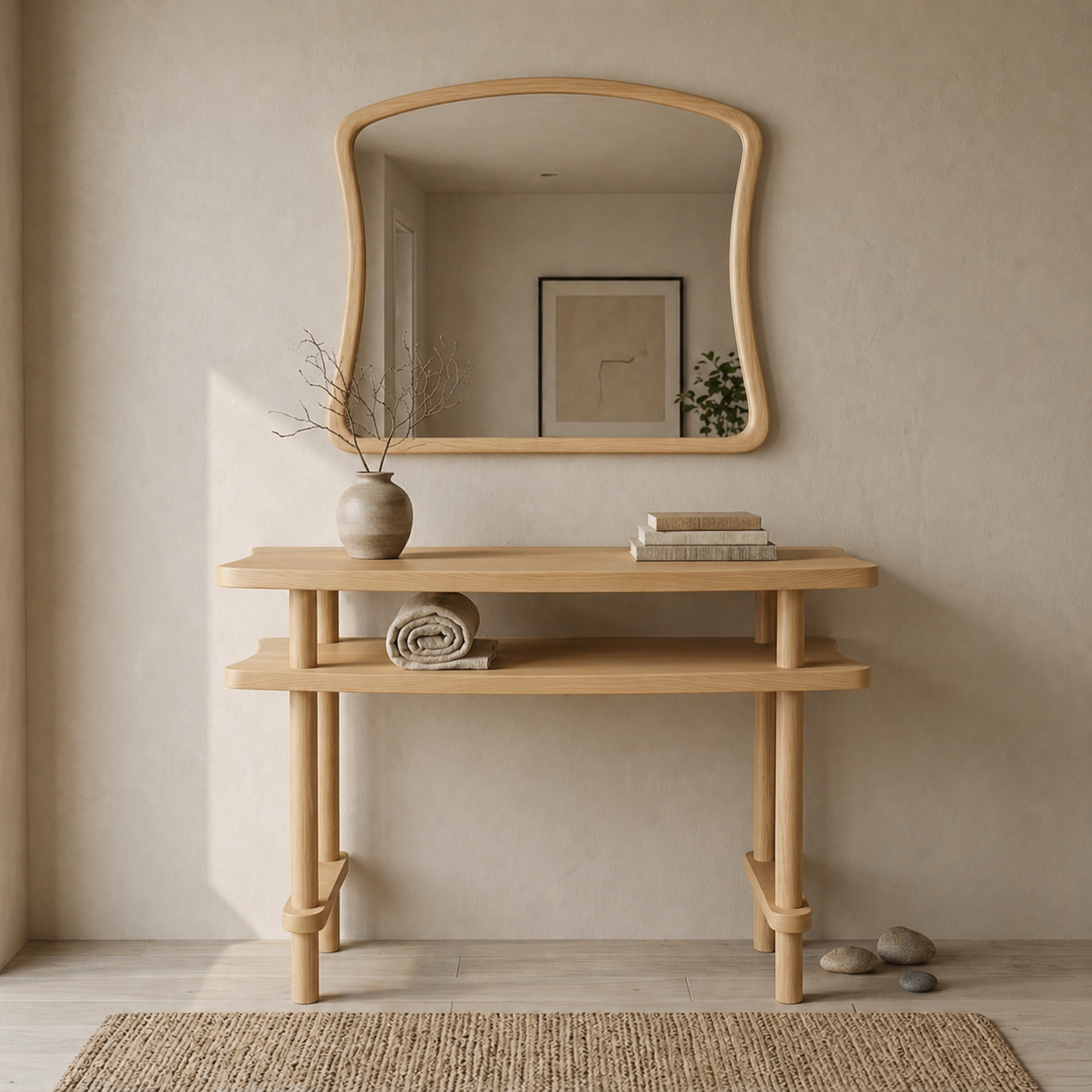 Console Table with Mirror Set, Solid Beech Wood Entryway Furniture, Scandinavian Minimalist Vanity