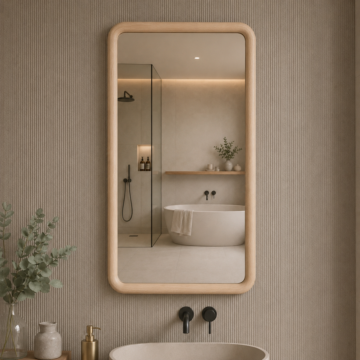 Rounded Rectangle Wall Mirror, Wood Framed Mirror, Solid Beech Wood Bathroom Vanity Mirror