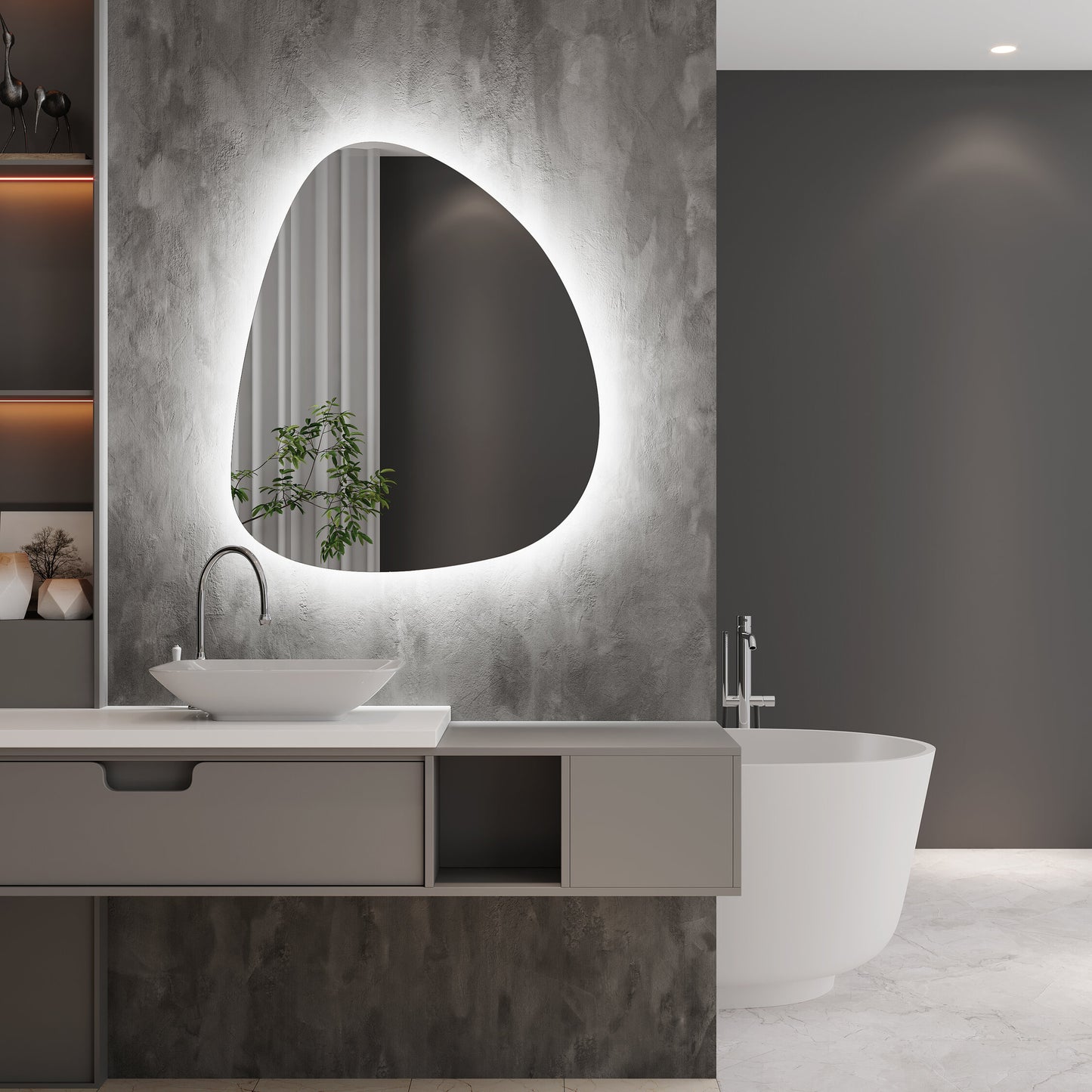 LED Bathroom Mirror Modern Backlit Design – Asymmetrical Organic Shape Wall Mirror