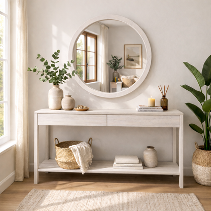 Handmade Solid Wood Framed Round Mirror – Modern Scandinavian Wall Mirror