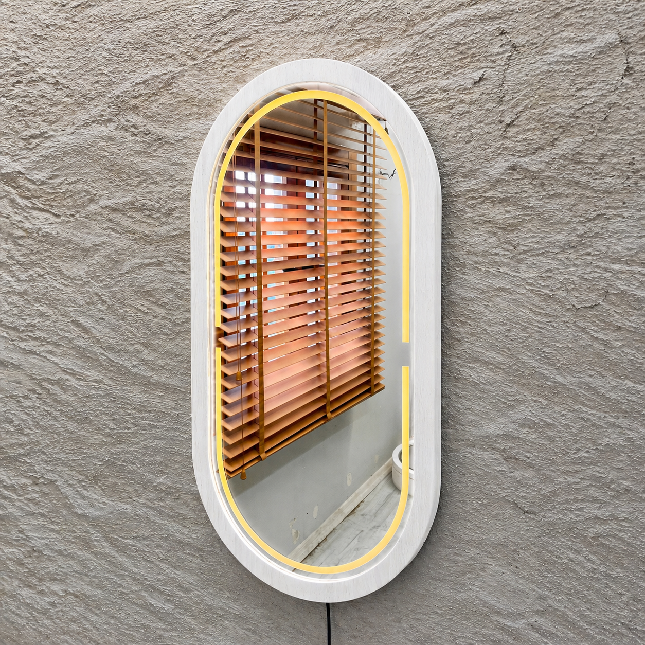 Handmade Beech Wood Framed LED Capsule Mirror Dimmable Lighted Wall Mirror
