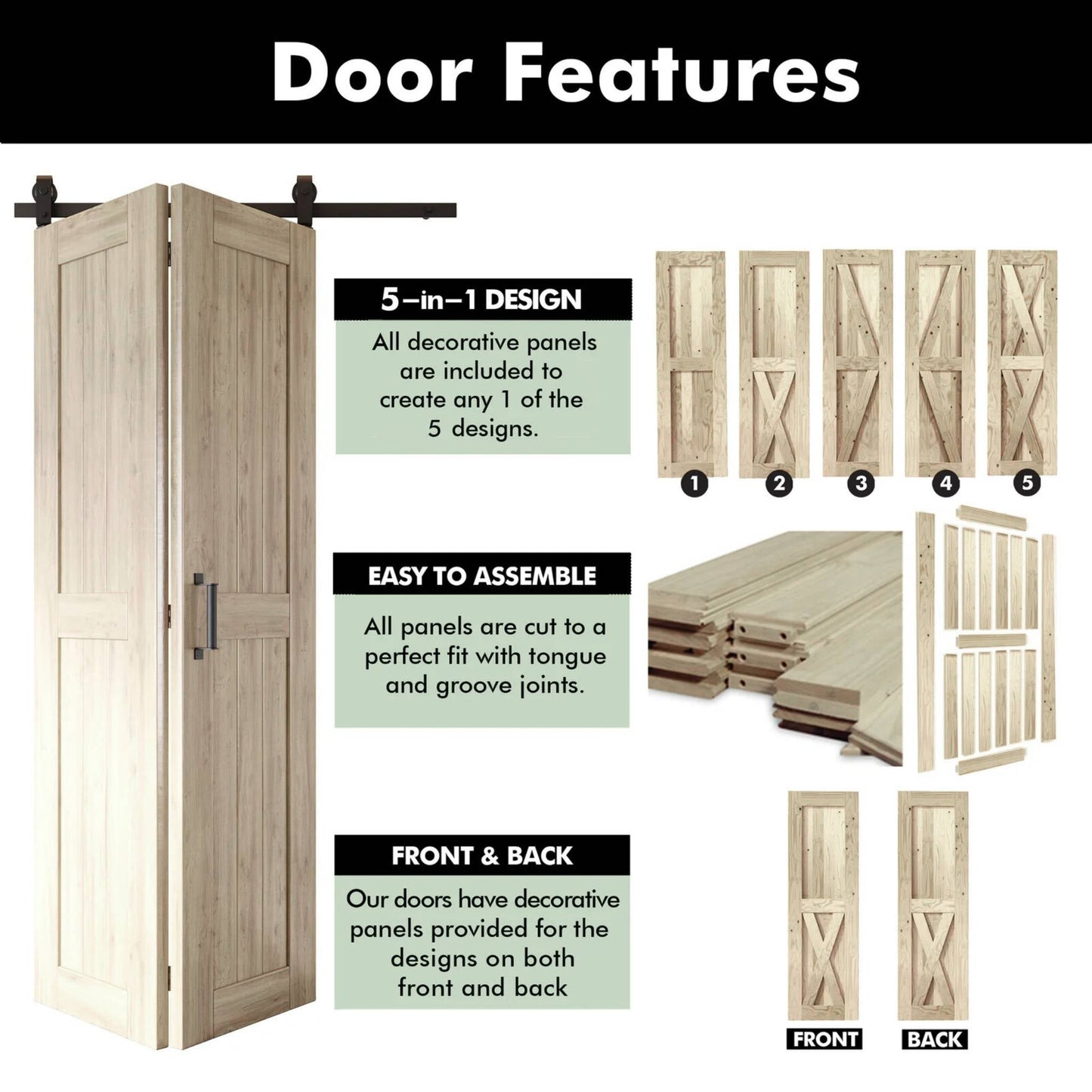 2-Door Bifold Barn Door Kit - Black Hardware with Folding Panels for Space-Saving Closets