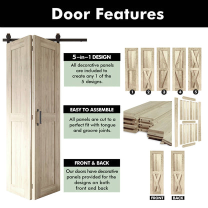 2-Door Bifold Barn Door Kit - Black Hardware with Folding Panels for Space-Saving Closets