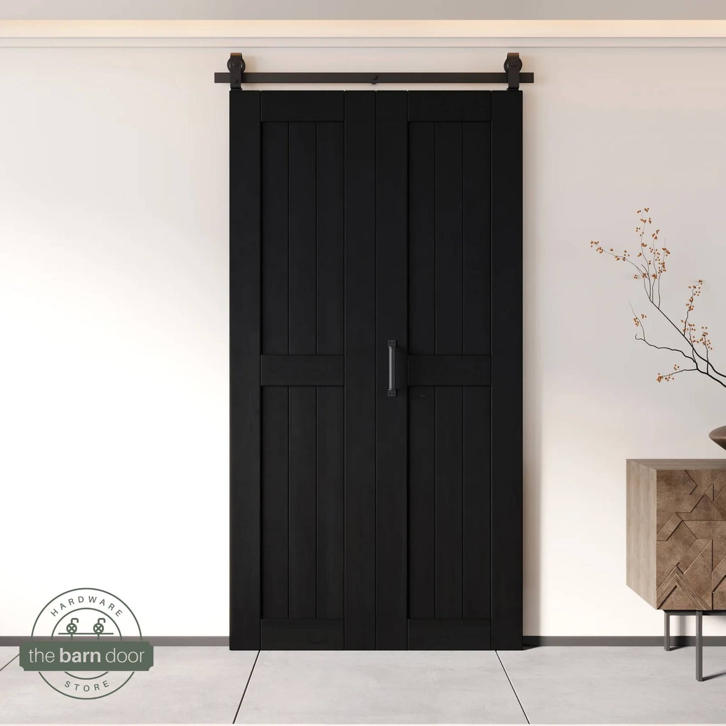 2-Door Bifold Barn Door Kit - Black Hardware with Folding Panels for Space-Saving Closets