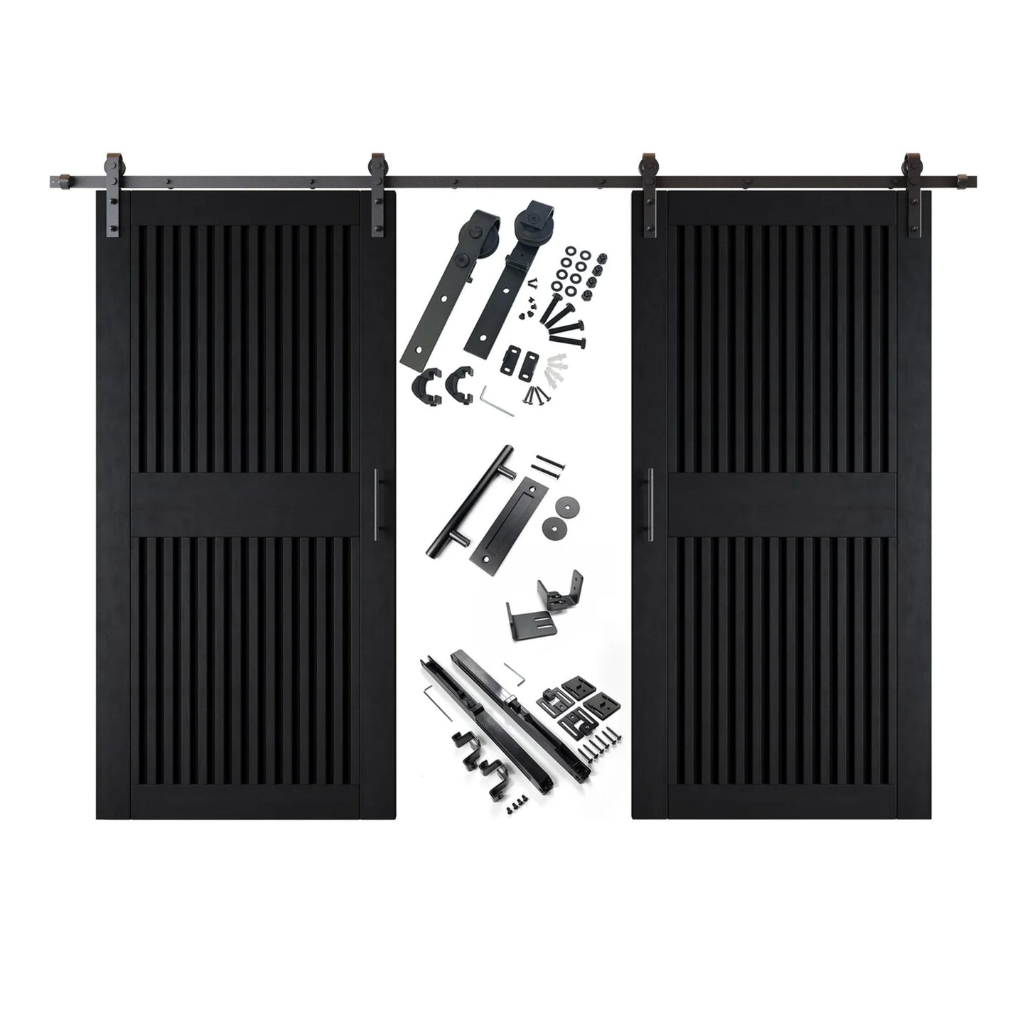 Double Barn Door Kit - Vertical Slat Design with Black Hardware & Custom Finishes