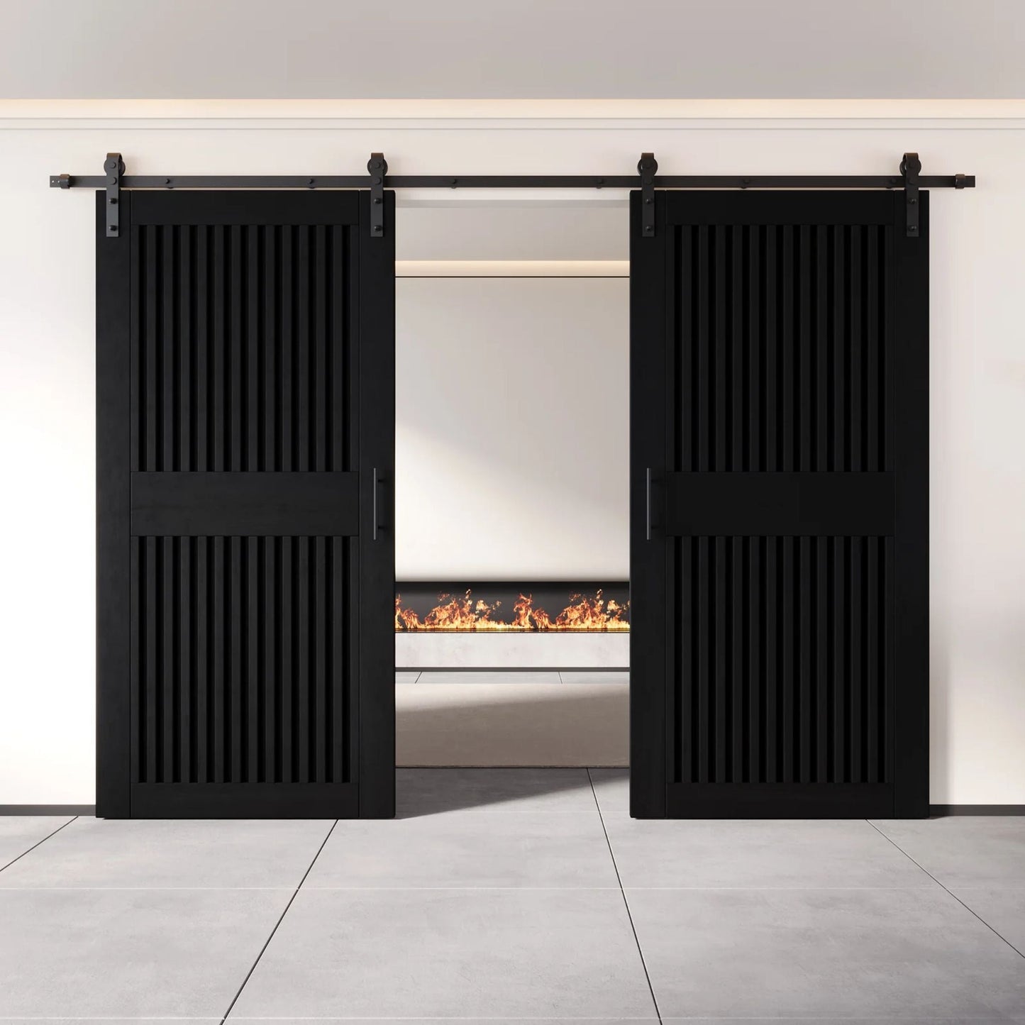Double Barn Door Kit - Vertical Slat Design with Black Hardware & Custom Finishes