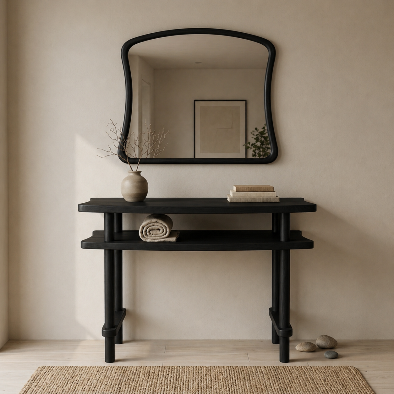 Console Table with Mirror Set, Solid Beech Wood Entryway Furniture, Scandinavian Minimalist Vanity