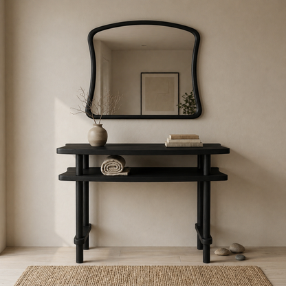Console Table with Mirror Set, Solid Beech Wood Entryway Furniture, Scandinavian Minimalist Vanity