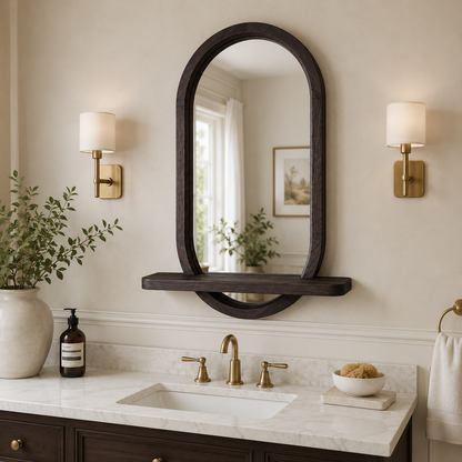 Capsule Wood Wall Mirror with Shelf, Modern Entryway and Vanity Mirror