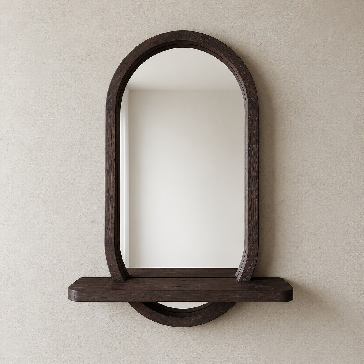 Capsule Wood Wall Mirror with Shelf, Modern Entryway and Vanity Mirror