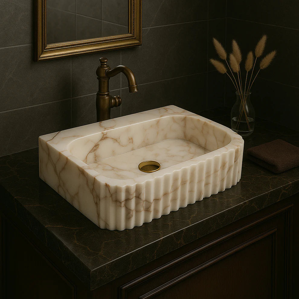 Marble Sink – Calacatta Stone Vessel Sink for Bathroom | Fluted Luxury Rectangular Basin 16"x20"x5.5"