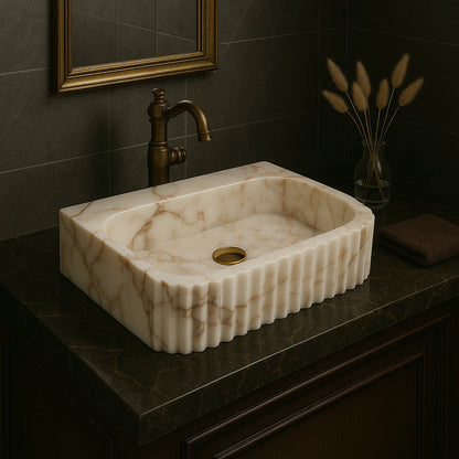 Marble Sink – Calacatta Stone Vessel Sink for Bathroom | Fluted Luxury Rectangular Basin 16"x20"x5.5"