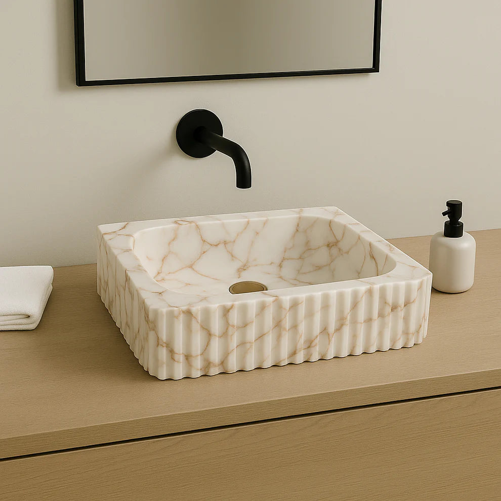Marble Sink – Calacatta Stone Vessel Sink for Bathroom | Fluted Luxury Rectangular Basin 16"x20"x5.5"
