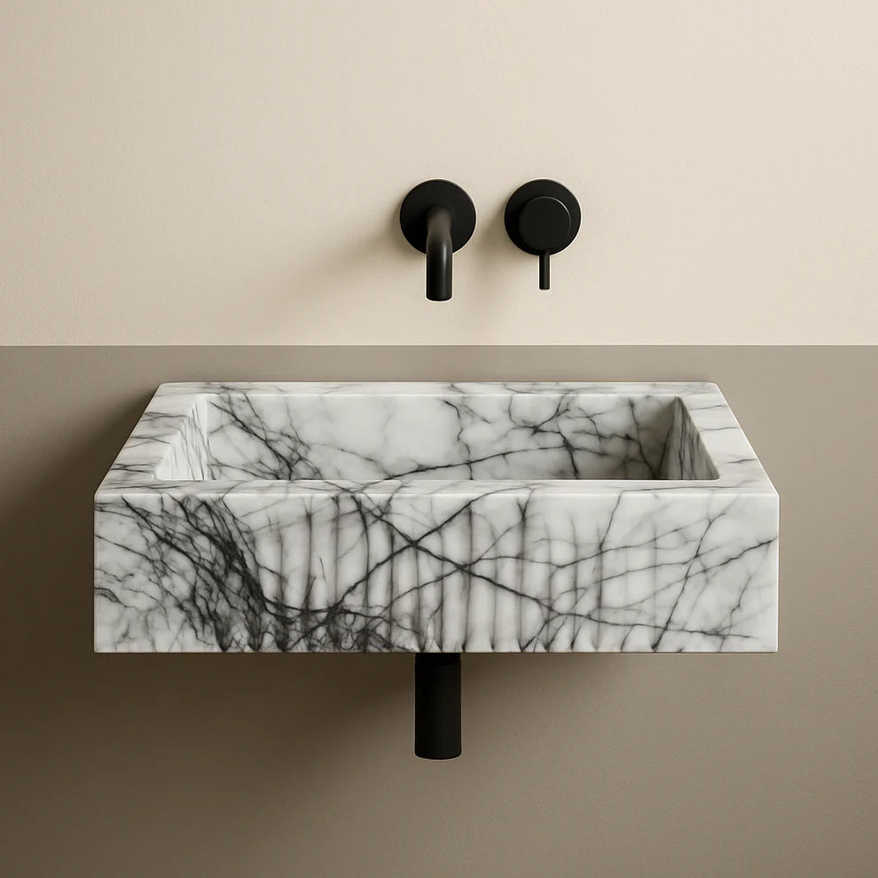 Luxury Marble Bathroom Sink – New York Marble Wall-Mount Vanity with Fluted Front (12” x 20” x 5”)