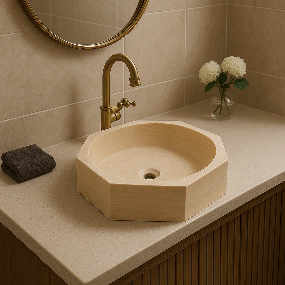 Marble Sink – Light Beige Travertine Octagon Vessel Bathroom Sink Polished | Natural Stone Above-Counter Basin 16"x16"x5"