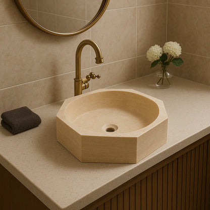 Marble Sink – Light Beige Travertine Octagon Vessel Bathroom Sink Polished | Natural Stone Above-Counter Basin 16"x16"x5"
