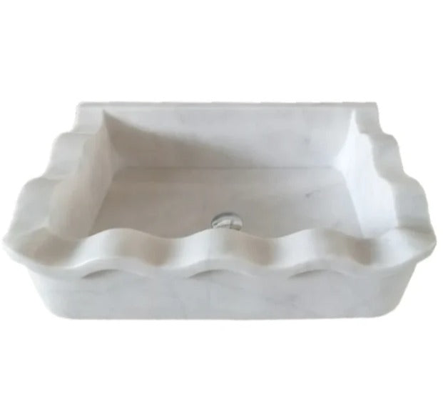 Luxury Marble Bathroom Sink – Carrara White Wall-Mount Rectangular Vanity with Wavy Edges