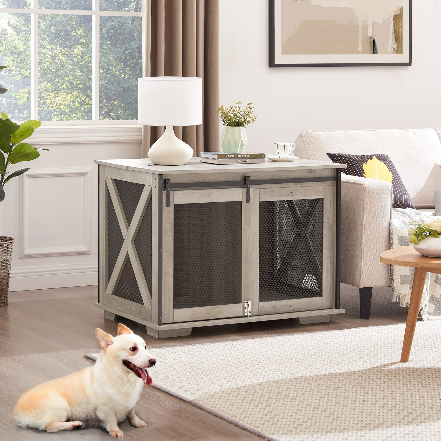 Wooden Dog Crate Furniture with Barn Door - Farmhouse Dog Cage End Table with Storage - Aypars Atelier