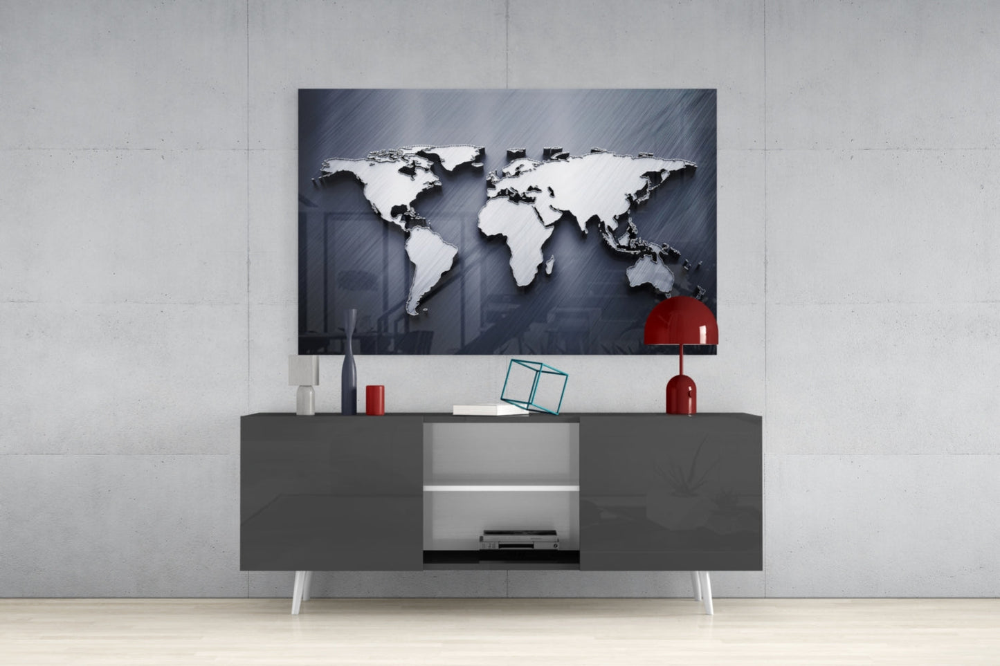 Brushed Steel 3D World Map Glass Wall Art