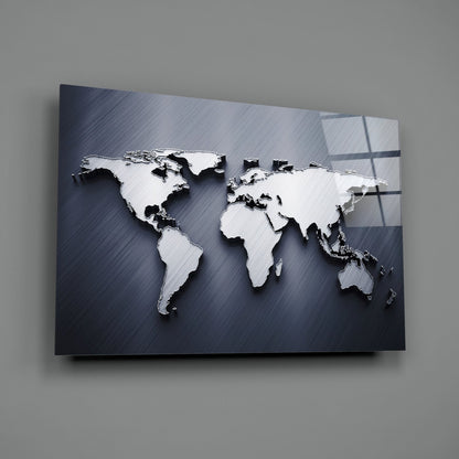 Brushed Steel 3D World Map Glass Wall Art