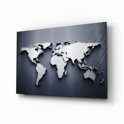 Brushed Steel 3D World Map Glass Wall Art