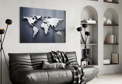Brushed Steel 3D World Map Glass Wall Art