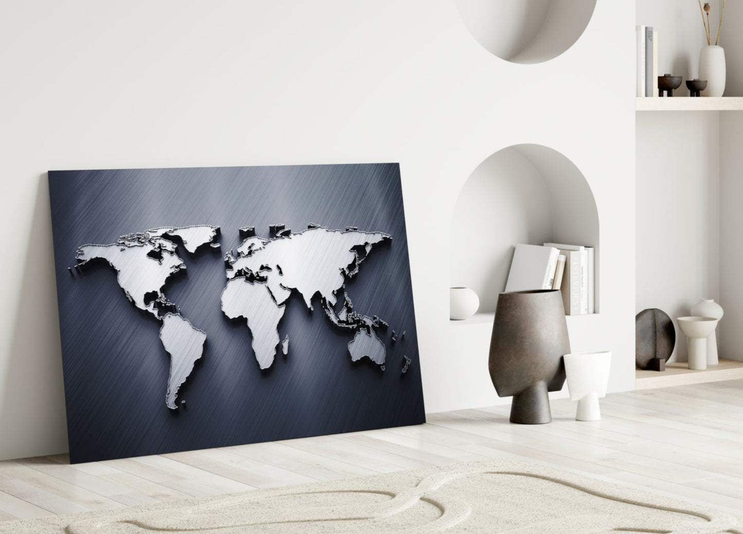 Brushed Steel 3D World Map Glass Wall Art