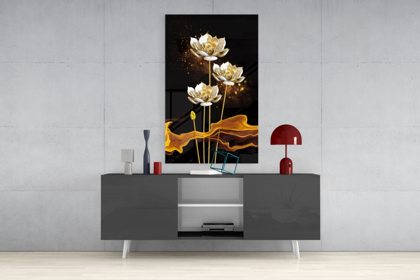 Golden Lotus on Black Flowing Glass Wall Art