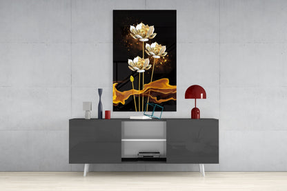Golden Lotus on Black Flowing Glass Wall Art