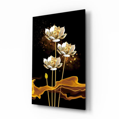 Golden Lotus on Black Flowing Glass Wall Art
