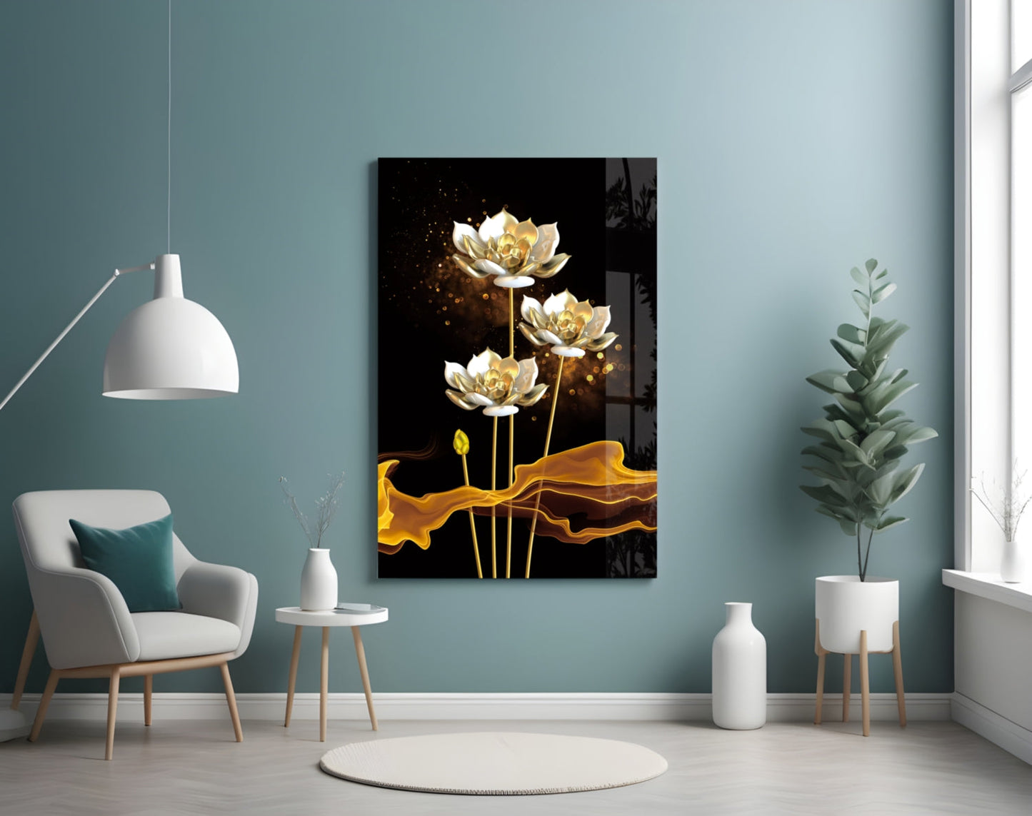 Golden Lotus on Black Flowing Glass Wall Art