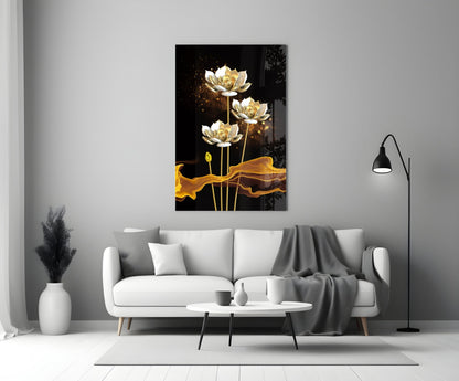 Golden Lotus on Black Flowing Glass Wall Art