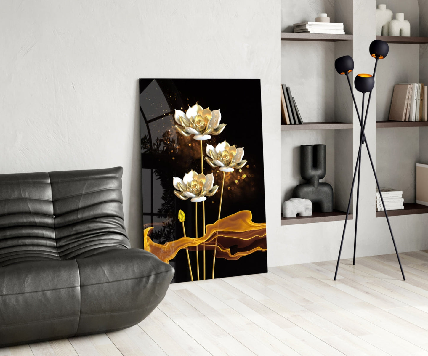 Golden Lotus on Black Flowing Glass Wall Art