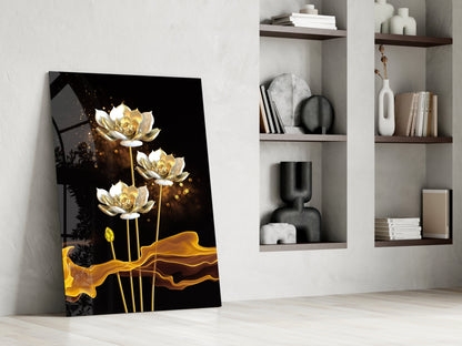 Golden Lotus on Black Flowing Glass Wall Art
